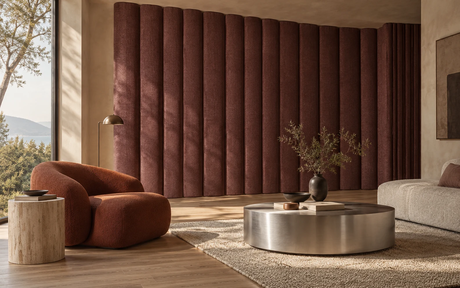 Concept room with sculptural felt panels, warm timber and a curved lounge chair